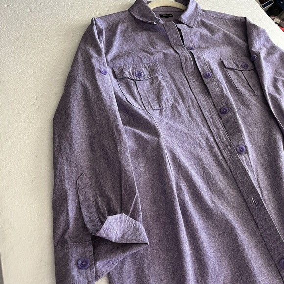 J Peterman Womans Shirt Dress Size 12 Purple 100% Cotton 4 Pockets Long Sleeve - Picture 9 of 14